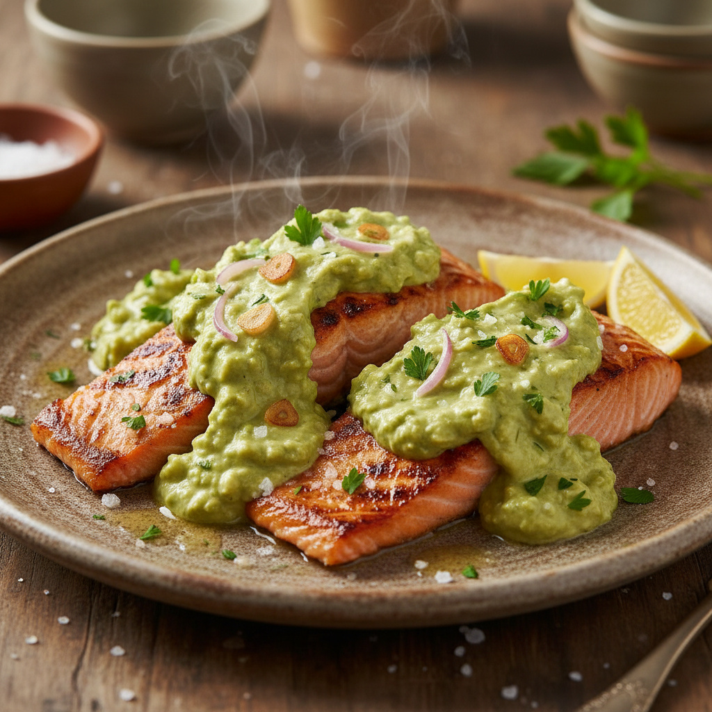 Salmón al Horno con Salsa de Aguacate y Queso Keto