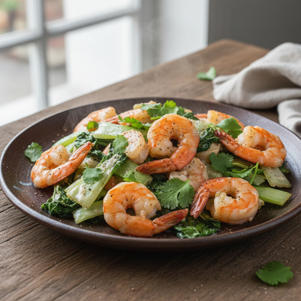 Bok Choy Salteado con Camarones y Salsa de Coco Keto