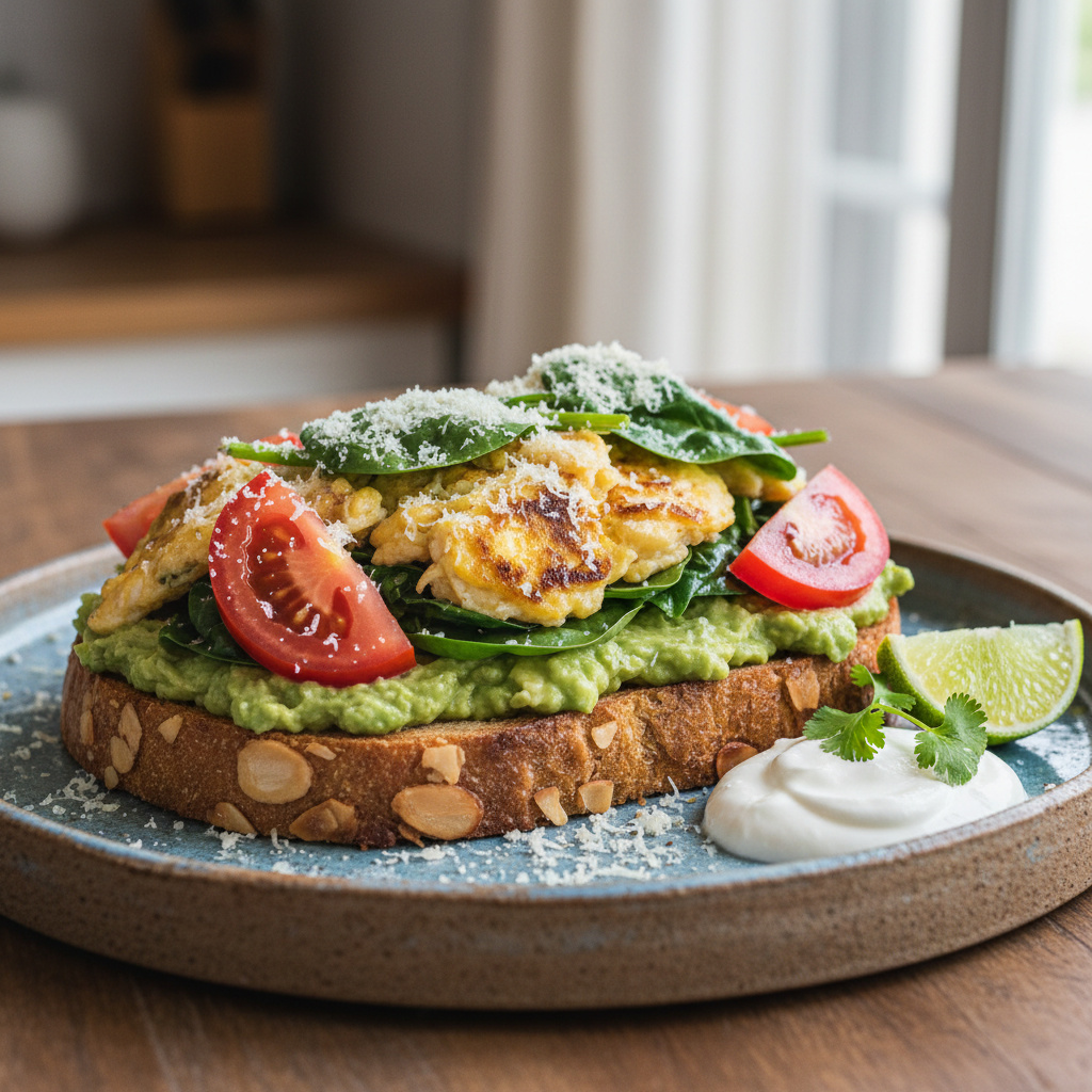 Tostada de Huevo y Aguacate con Espinacas y Tomate