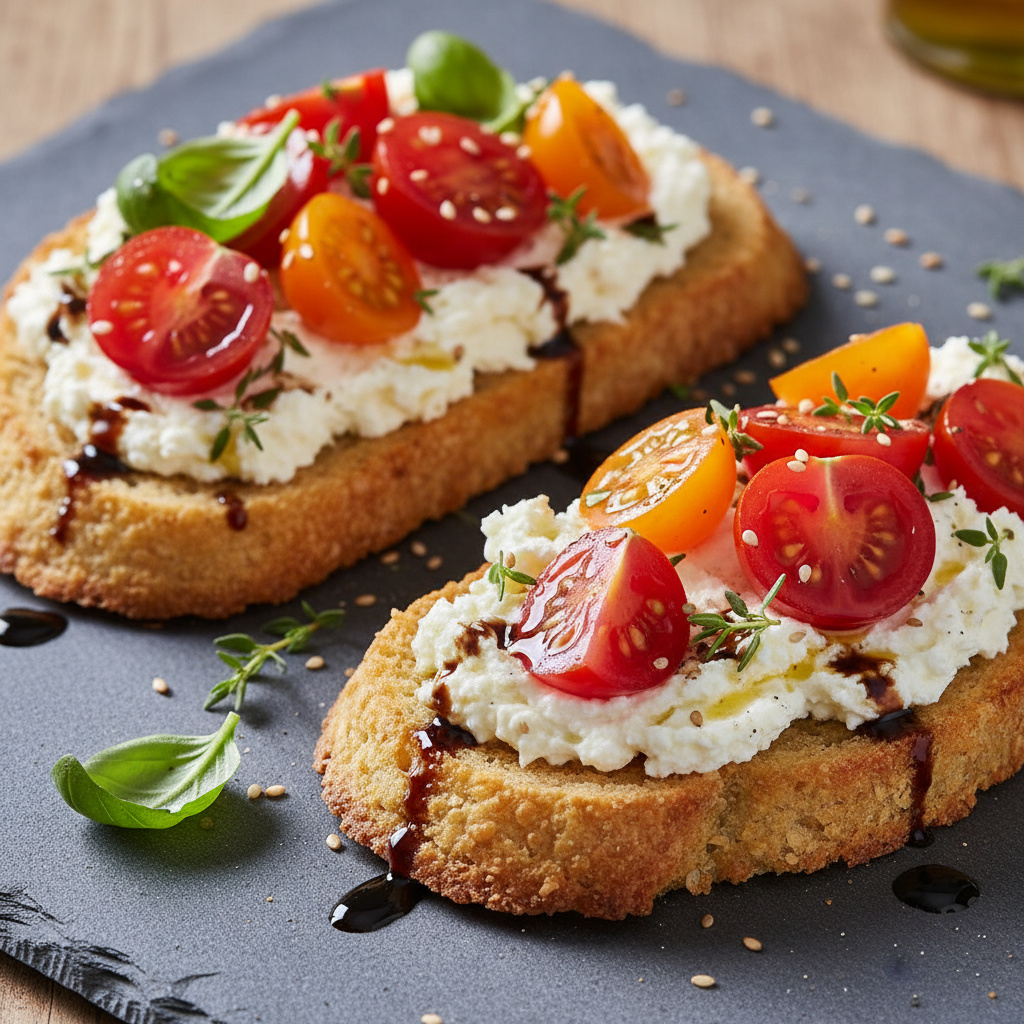 Tartines de Tomates Cherry y Hierbas con Crema de Queso de Cabra